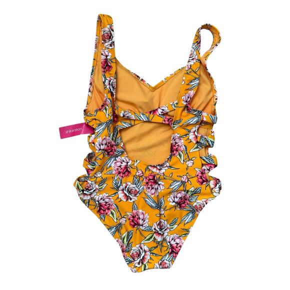Xhilaration NWT Yellow Pink Roses Cut Out Sides One Piece Swim Size Large - Picture 2 of 4